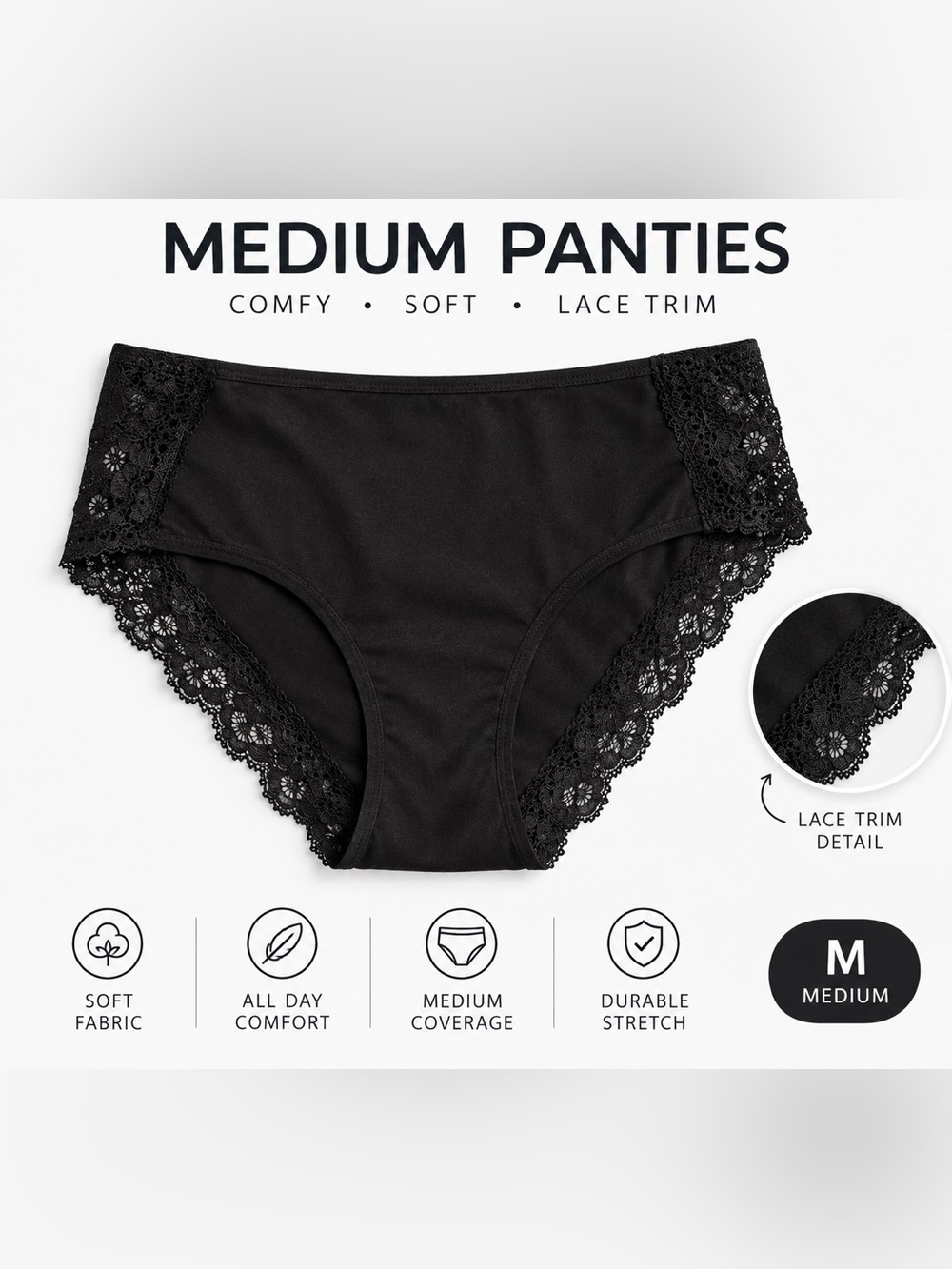 Lace-Trim Cheeky Panty in Black size MEDIUM
